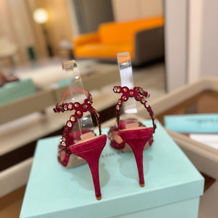 AQUAZZURA 26S STRAPPY HIGH HEELS 105 MM IN DARK RED SUEDE