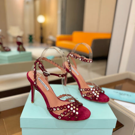 AQUAZZURA 26S STRAPPY HIGH HEELS 105 MM IN DARK RED SUEDE
