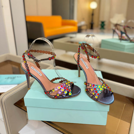 AQUAZZURA 26S STRAPPY HIGH HEELS 105 MM IN METALLIC LAMBSKIN