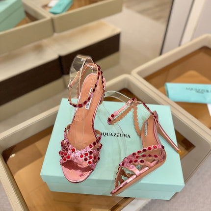 AQUAZZURA 26S STRAPPY HIGH HEELS 105 MM IN PINK PATENT LAMBSKIN