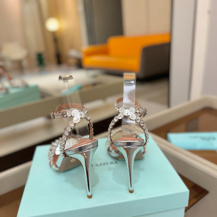 AQUAZZURA 26S STRAPPY HIGH HEELS 105 MM IN SILVER PATENT LAMBSKIN