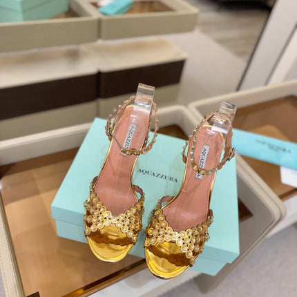 AQUAZZURA 26S STRAPPY HIGH HEELS 105 MM IN GOLD PATENT LAMBSKIN