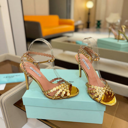 AQUAZZURA 26S STRAPPY HIGH HEELS 105 MM IN GOLD PATENT LAMBSKIN