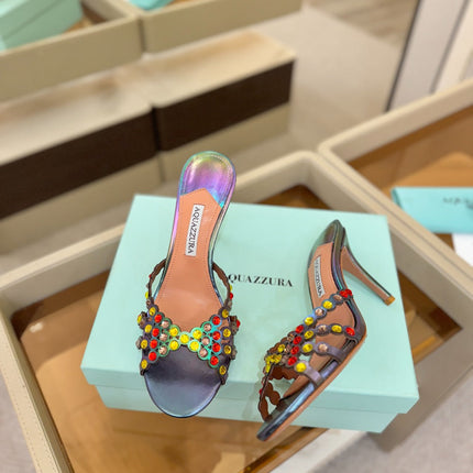 AQUAZZURA 26S TEQUILA HEELED SANDALS 85 MM IN METALLIC LAMBSKIN