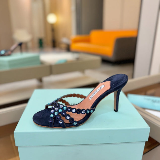 AQUAZZURA 26S TEQUILA HEELED SANDALS 85 MM IN NAYVY BLUE  SUEDE