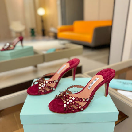 AQUAZZURA 26S TEQUILA HEELED SANDALS 85 MM IN DARK RED SUEDE