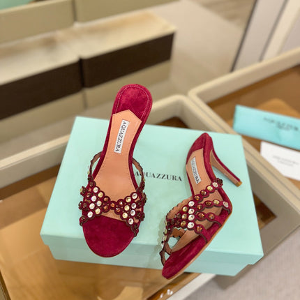 AQUAZZURA 26S TEQUILA HEELED SANDALS 85 MM IN DARK RED SUEDE