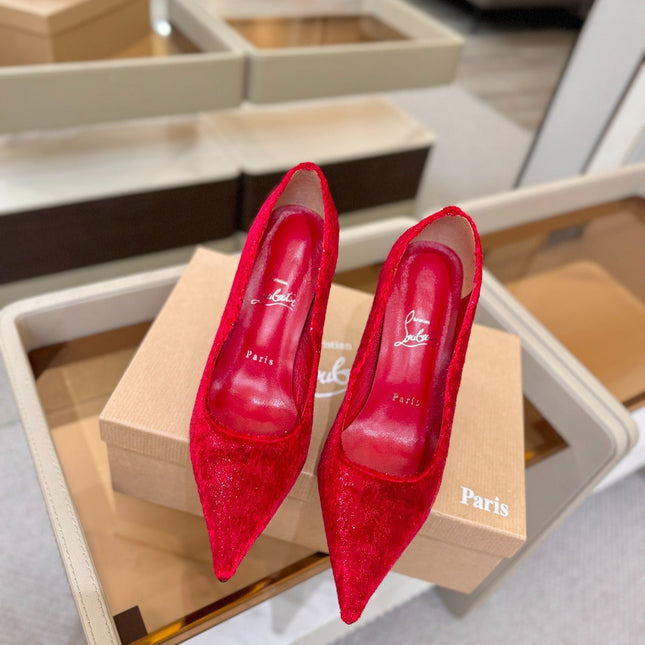 CHRISTIAN LOUBOUTIN 26S HIGH HEELS 105 MM IN RED VELVET GLITTER