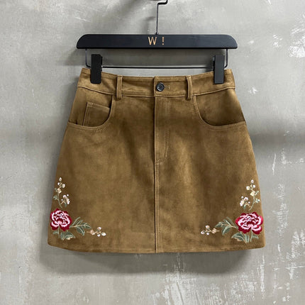 RALPH LAUREN 26S FLORAL-EMBROIDERED SUEDE MINI SKIRT 573