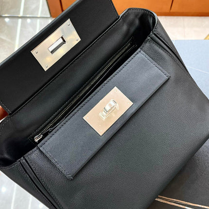 MINI 24/24 21CM IN BLACK EVERCOLOR CALFSKIN SILVER KELLY BUCKLE