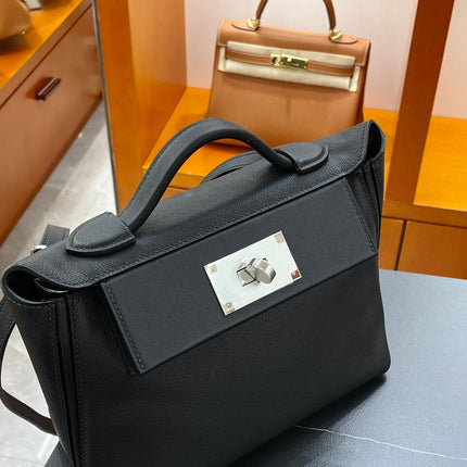 MINI 24/24 21CM IN BLACK EVERCOLOR CALFSKIN SILVER KELLY BUCKLE