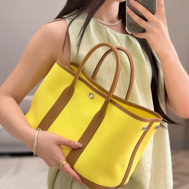 GARDEN PARTY 30CM IN YELLOW TOILETS COTTON CANVAS AND BEIGE MARFA CALFSKIN