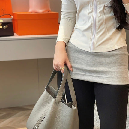 PICOTIN LOCK 22 IN GREY ETAIN CALFSKIN SILVER HARDWARE