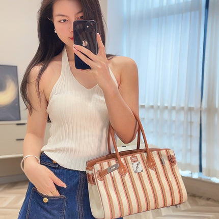 BIRKIN SHOULDER 29 IN GOLD CALFSKIN ÉCRU/BEIGE/FAUVE/ROSE POP/NOIR EMBROIDERY CANVAS