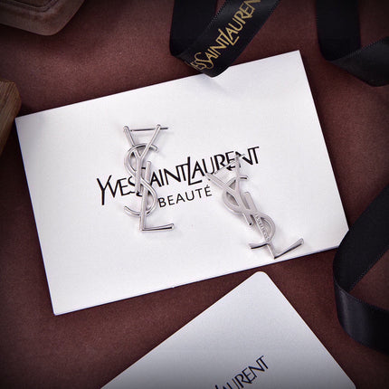YSL 26S CLASSIC MONOGRAM DROP EARRINGS IN SILVER TONE METAL 629090