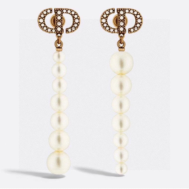 CD 26S PAVE LOGO PEARL DROP EARRINGS IN GOLD TONE METAL 631791