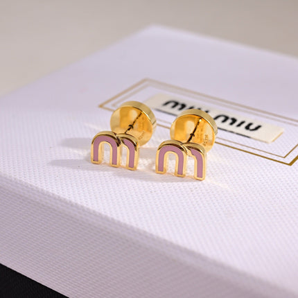 MIUMIU 26S MINI ARCH LOGO PINK ENAMEL STUD EARRINGS IN GOLD TONE METAL 635076