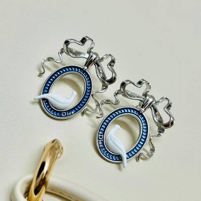 CD 26S TOILE DE JOUY BIRD BOW DROP EARRINGS IN SILVER TONE METAL 644371