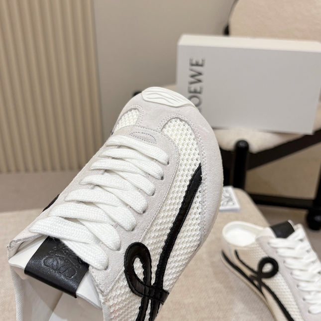 LOEWE 26S MULE SNEAKERS IN WHITE BLACK SUEDE AND MESH