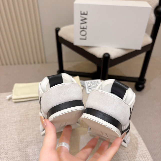LOEWE 26S MULE SNEAKERS IN WHITE BLACK SUEDE AND MESH
