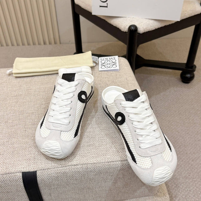 LOEWE 26S MULE SNEAKERS IN WHITE BLACK SUEDE AND MESH