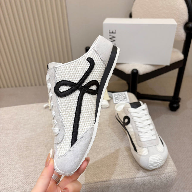 LOEWE 26S MULE SNEAKERS IN WHITE BLACK SUEDE AND MESH