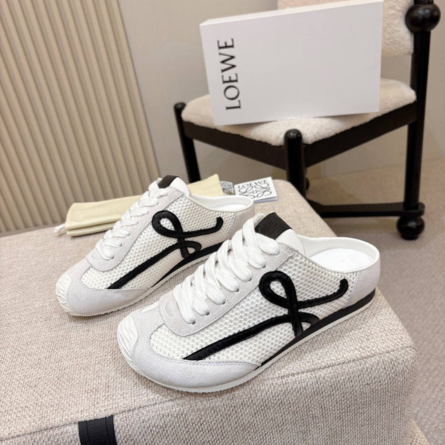 LOEWE 26S MULE SNEAKERS IN WHITE BLACK SUEDE AND MESH