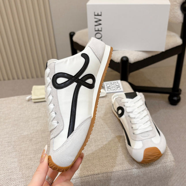 LOEWE 26S MULE SNEAKERS IN WHITE BLACK SUEDE AND NYLON