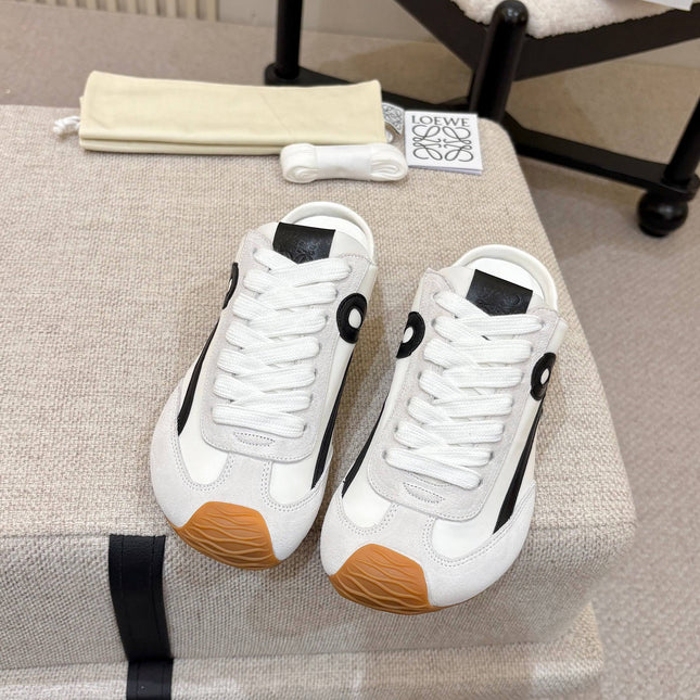 LOEWE 26S MULE SNEAKERS IN WHITE BLACK SUEDE AND NYLON