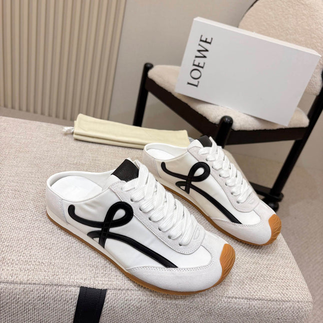 LOEWE 26S MULE SNEAKERS IN WHITE BLACK SUEDE AND NYLON