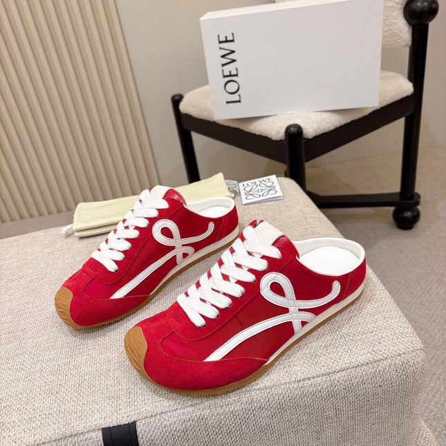 LOEWE 26S MULE SNEAKERS IN WHITE RED SUEDE AND NYLON