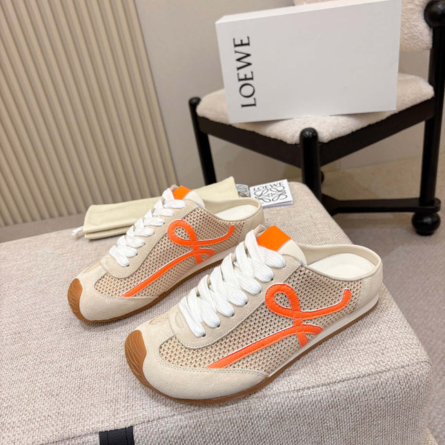 LOEWE 26S MULE SNEAKERS IN BEIGE ORANGE SUEDE AND MESH