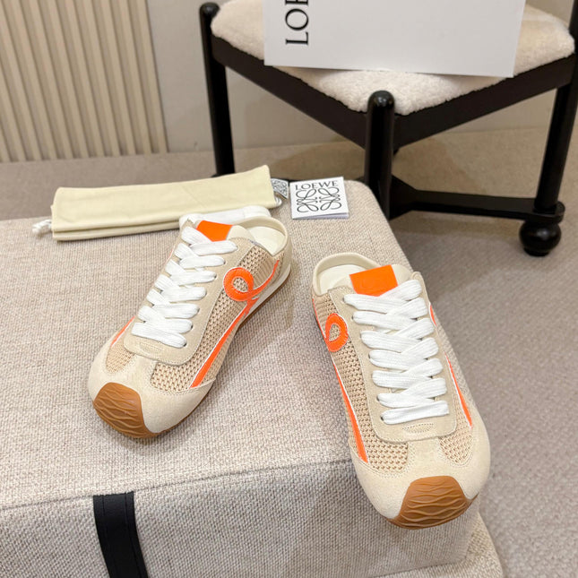 LOEWE 26S MULE SNEAKERS IN BEIGE ORANGE SUEDE AND MESH