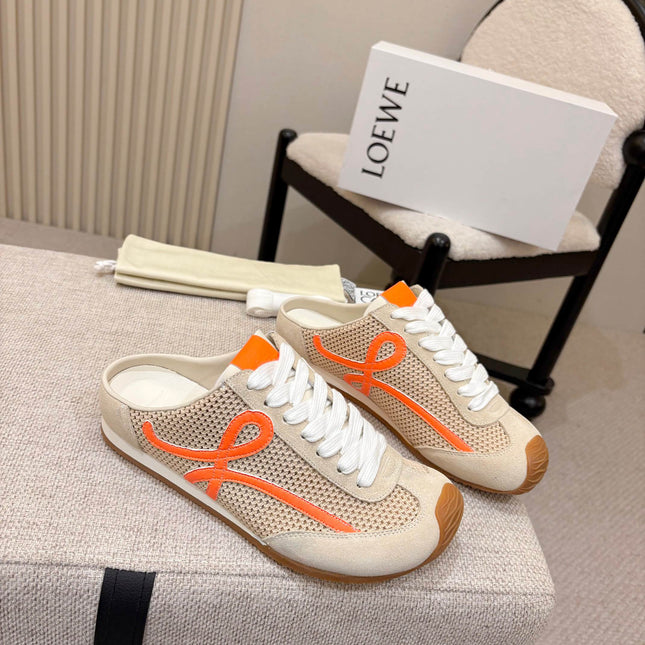 LOEWE 26S MULE SNEAKERS IN BEIGE ORANGE SUEDE AND MESH