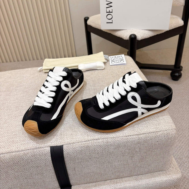LOEWE 26S MULE SNEAKERS IN BLACK WHITE SUEDE AND NYLON