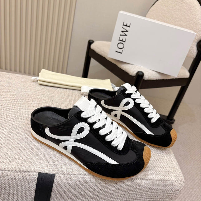 LOEWE 26S MULE SNEAKERS IN BLACK WHITE SUEDE AND NYLON