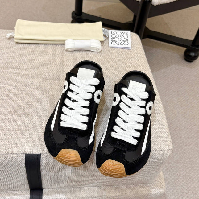 LOEWE 26S MULE SNEAKERS IN BLACK WHITE SUEDE AND NYLON