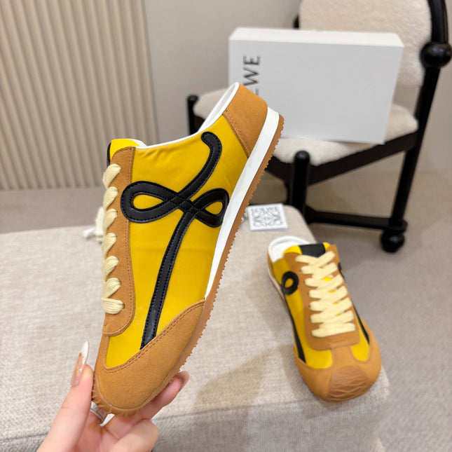 LOEWE 26S MULE SNEAKERS IN YELLOW AND TAN BROWN SUEDE AND NYLON