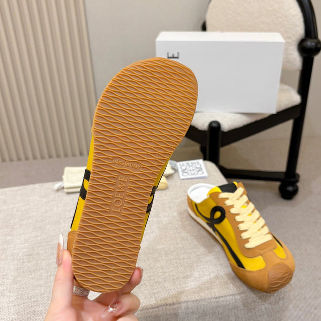 LOEWE 26S MULE SNEAKERS IN YELLOW AND TAN BROWN SUEDE AND NYLON
