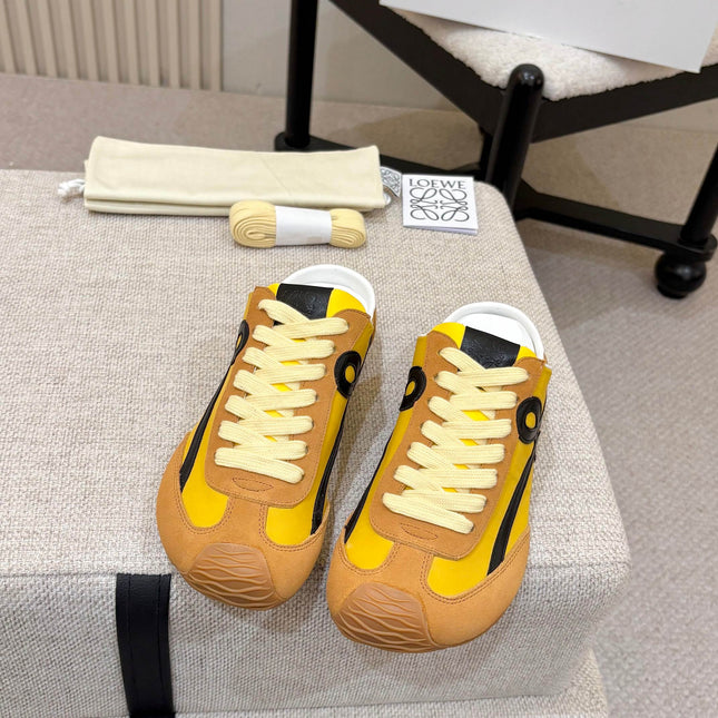 LOEWE 26S MULE SNEAKERS IN YELLOW AND TAN BROWN SUEDE AND NYLON