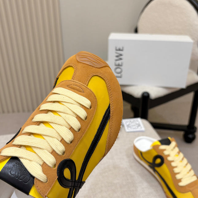 LOEWE 26S MULE SNEAKERS IN YELLOW AND TAN BROWN SUEDE AND NYLON