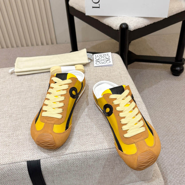 LOEWE 26S MULE SNEAKERS IN YELLOW AND TAN BROWN SUEDE AND NYLON