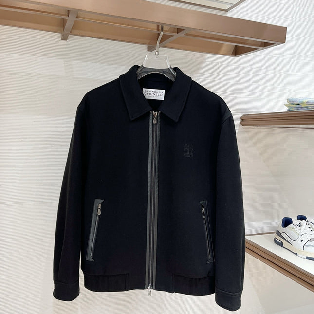 BRUNELLO CUCINELLI BLACK WOOL ZIP-FASTENING JACKET