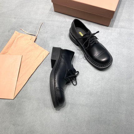 MIUMIU 26S LACE-UP LOAFERS IN BLACK SHINY CALFSKIN