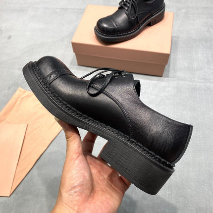 MIUMIU 26S LACE-UP LOAFERS IN BLACK GRAINED CALFSKIN