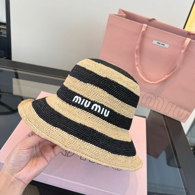 MIUMIU 26S STRIPED RAFFIA BUCKET HAT 342097