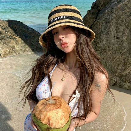 MIUMIU 26S STRIPED RAFFIA BUCKET HAT 342097