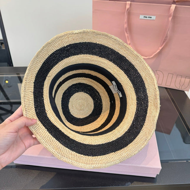 MIUMIU 26S STRIPED RAFFIA BUCKET HAT 342097