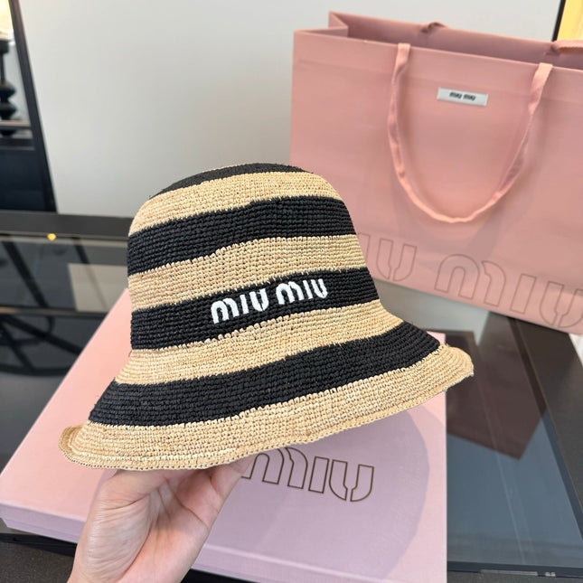 MIUMIU 26S STRIPED RAFFIA BUCKET HAT 342097