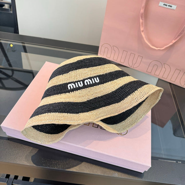 MIUMIU 26S STRIPED RAFFIA BUCKET HAT 342097